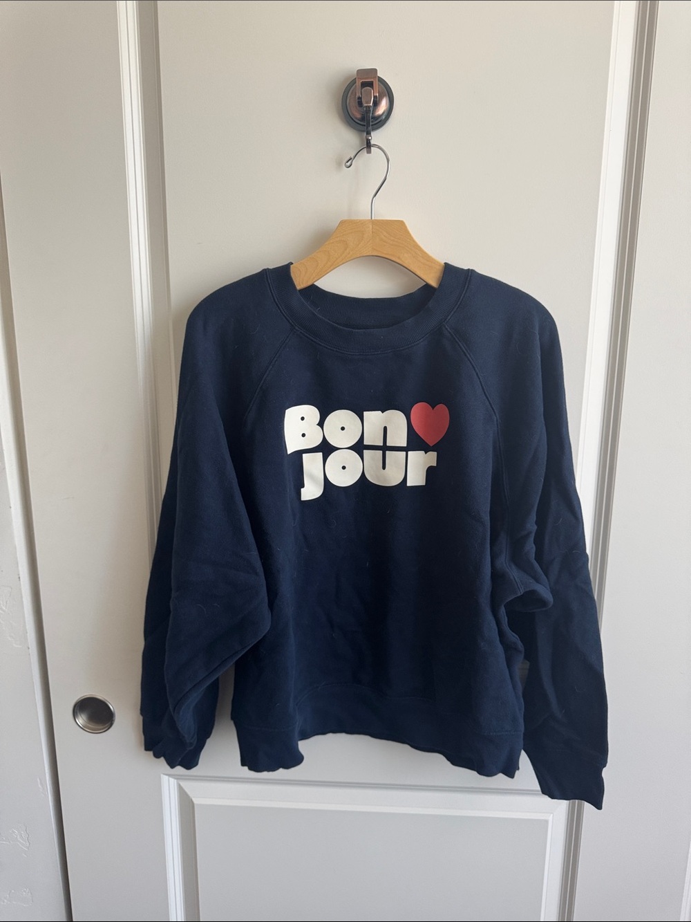 Old Navy Navy Pullover Sweatshirt with Bonjour Graphic